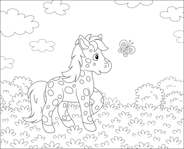 Coloring page pony greets a butterfly in summer